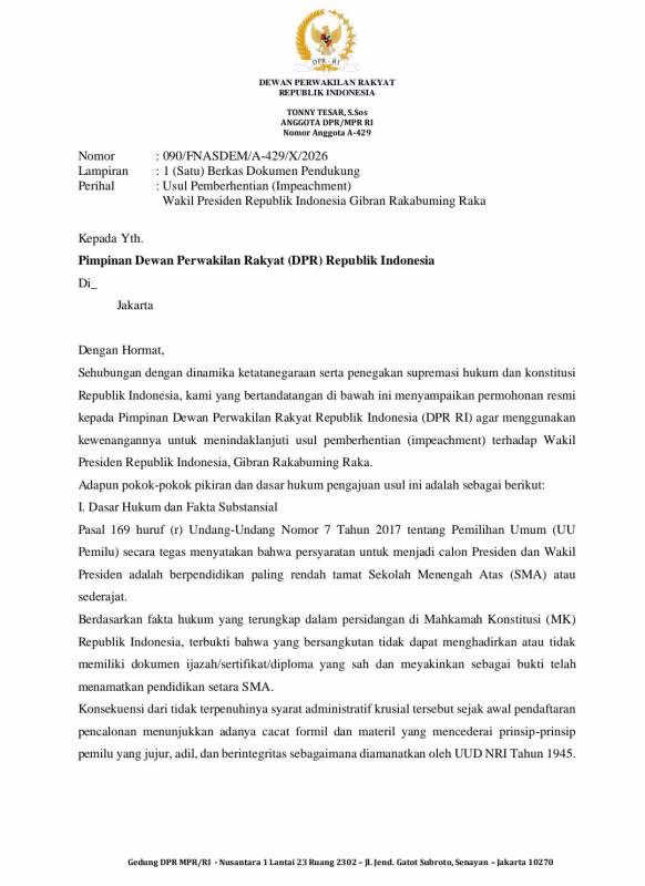 Beredar Surat Berlogo DPR RI soal Usul Impeachment Gibran, Keaslian Masih Diklarifikasi